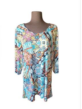 Women's Teal Multicolor Printed Scoop Neck Top Artsy Patchwork